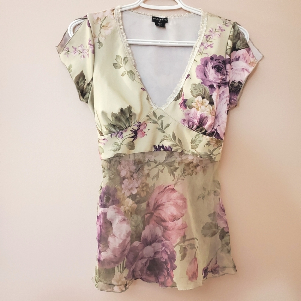 Vintage style floral blouse with sheer torso - Size L